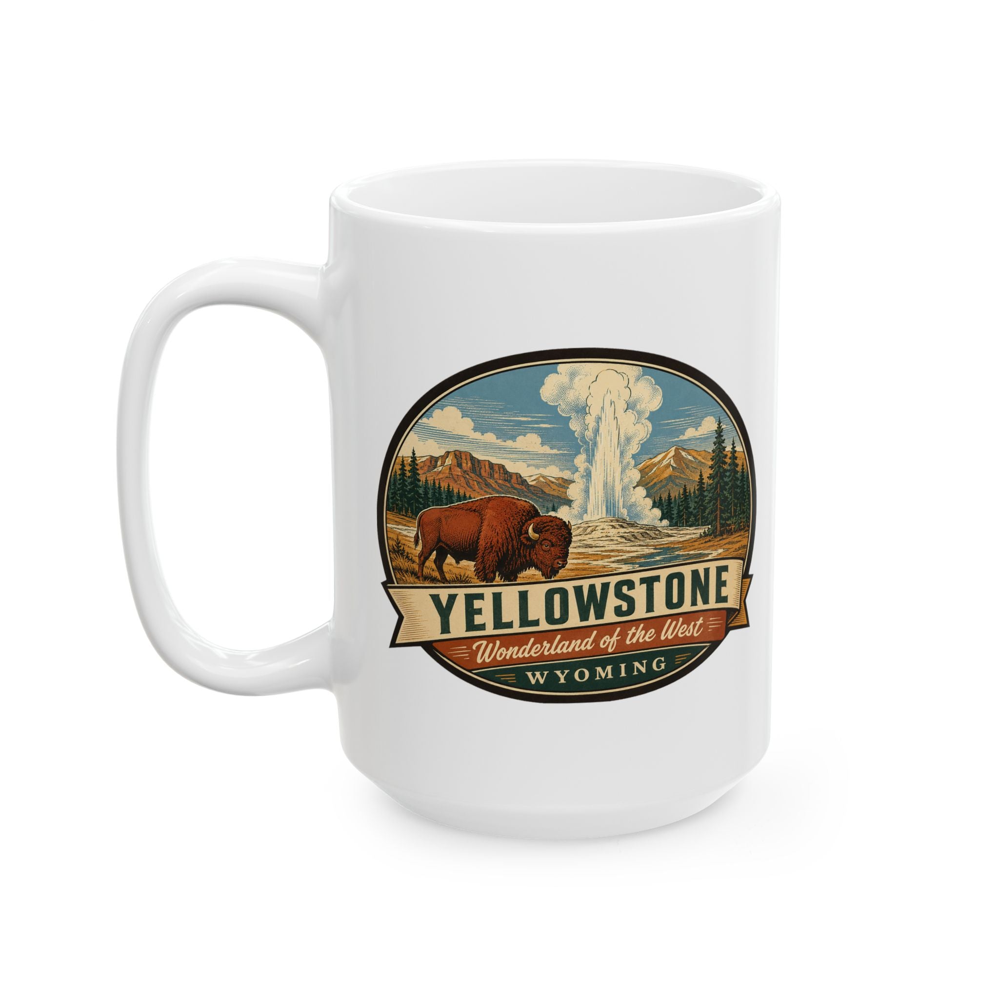 White ceramic mug with Yellowstone buffalo artwork badge and Wyoming text, handle visible
