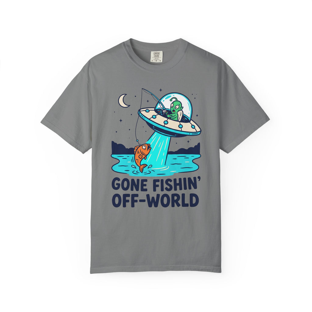 Gray alien fishing T-shirt with UFO and "Gone Fishin' Off-World" text