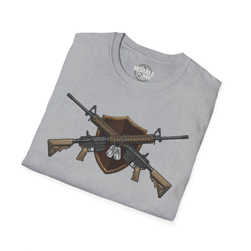 Sport Grey t-shirt with large tactical rifle graphic across the front