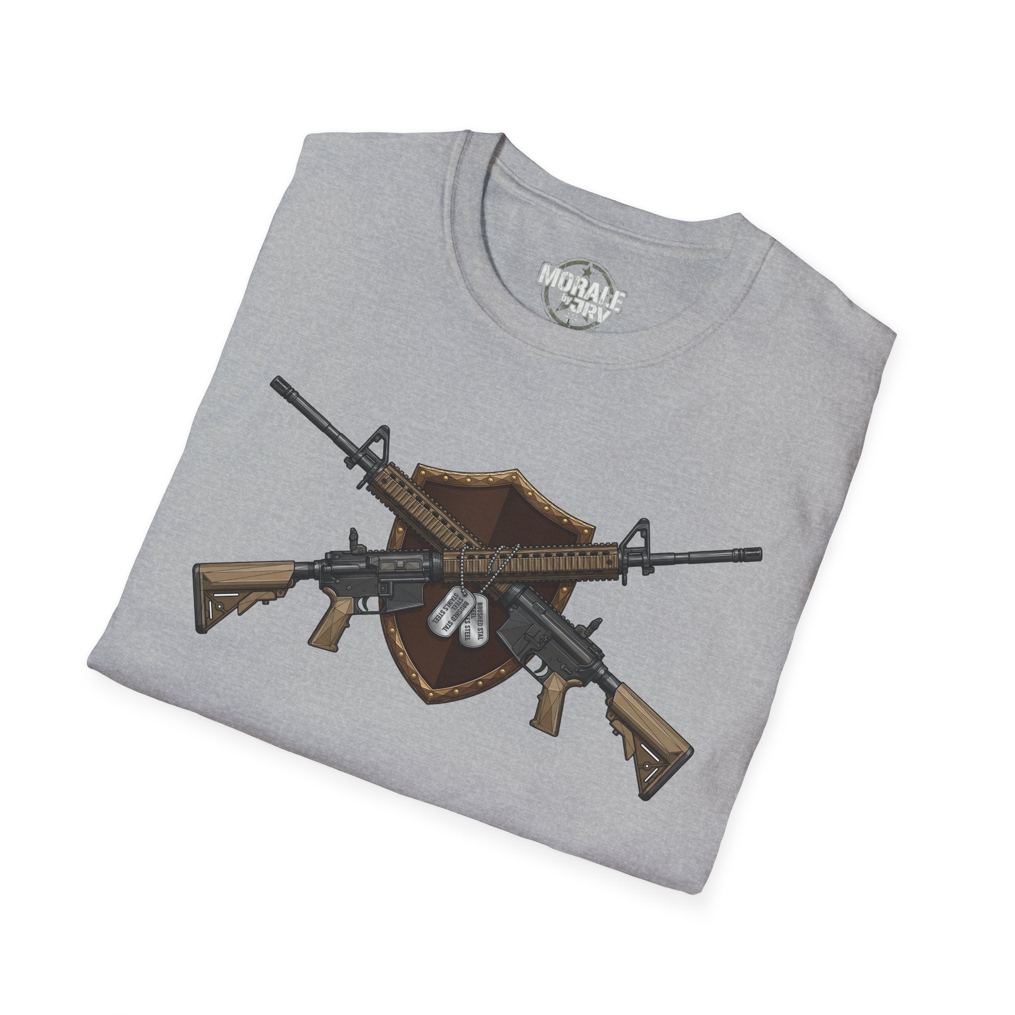 Sport Grey t-shirt with large tactical rifle graphic across the front