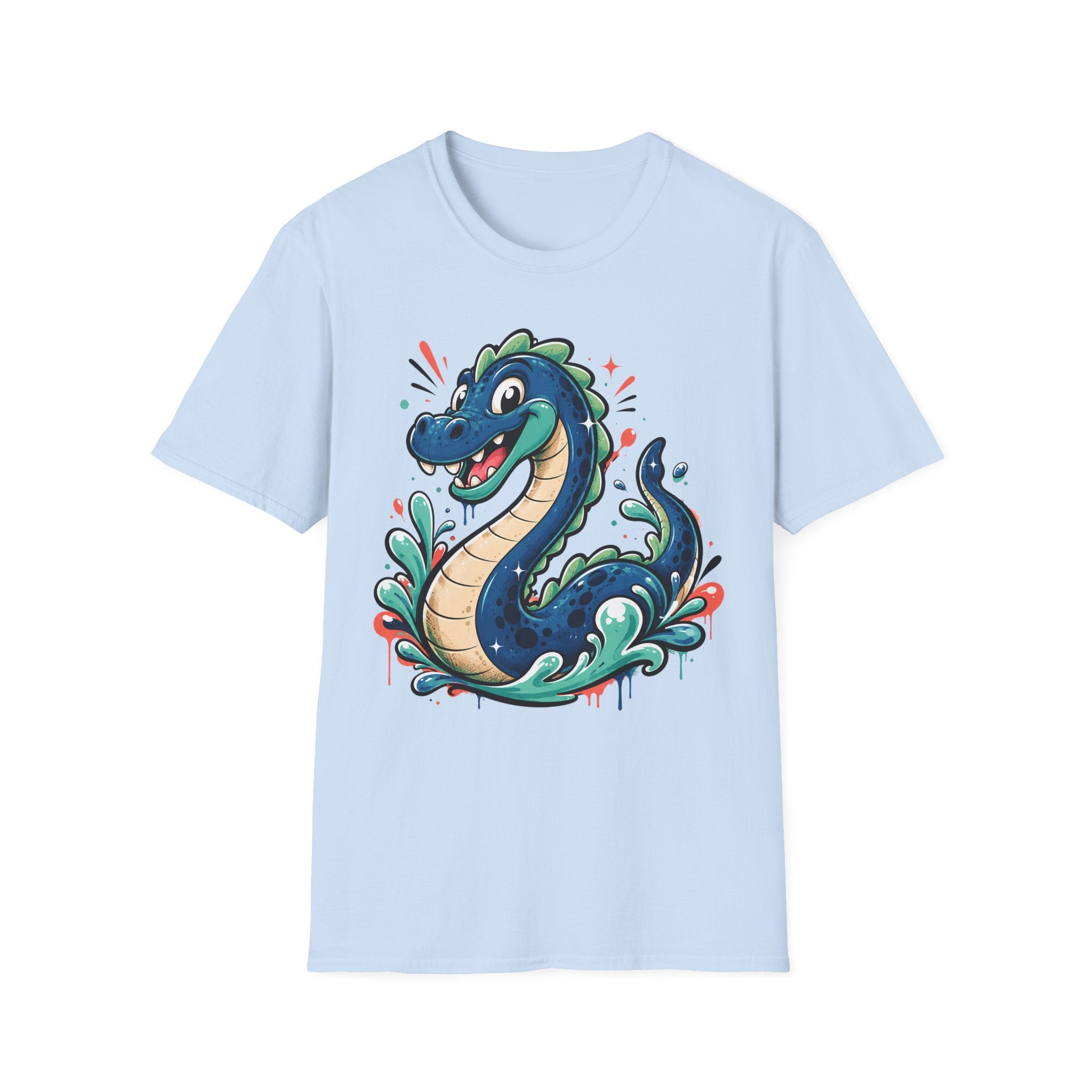 Light blue sea serpent graphic T-shirt, short sleeves, crew neck