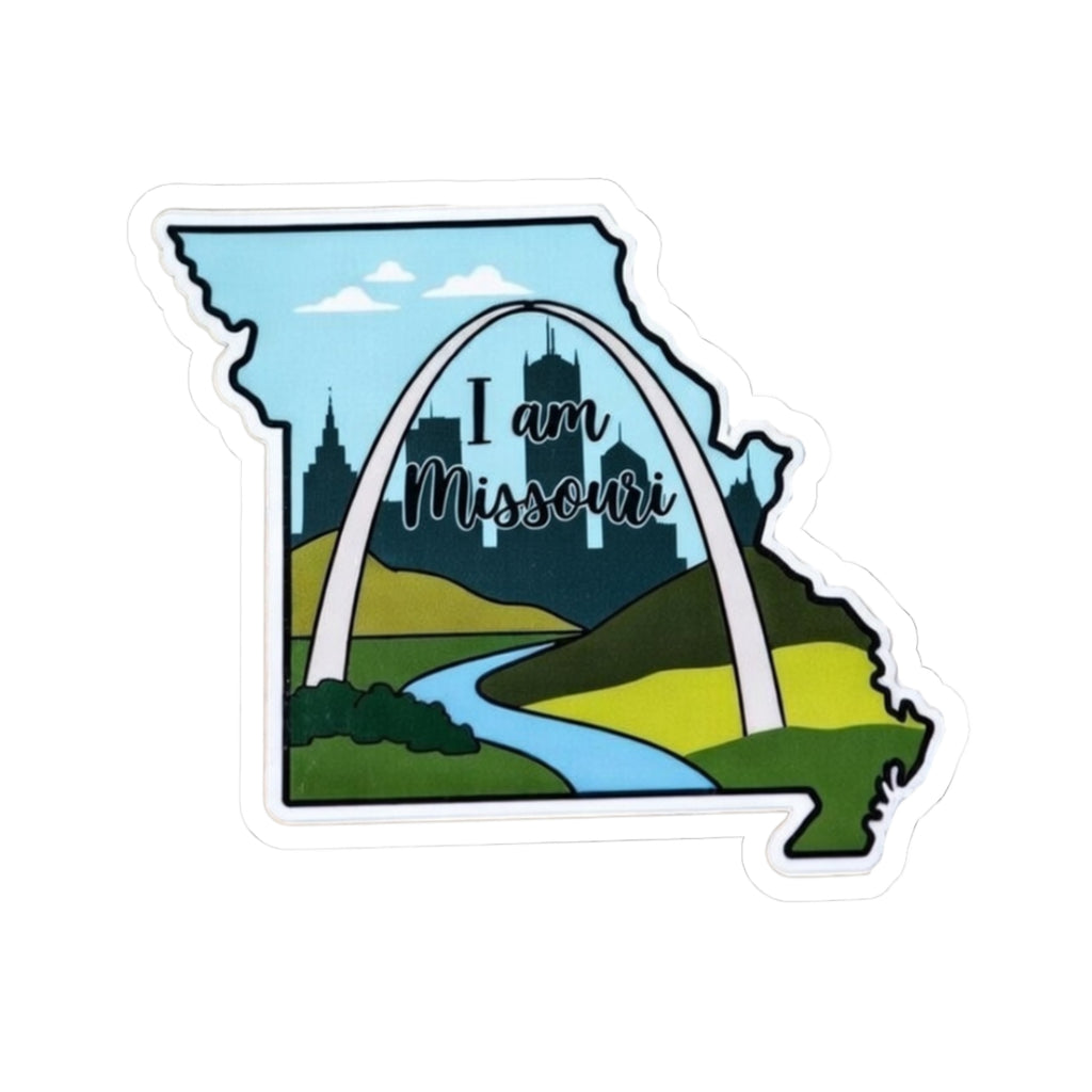 I Am Missouri sticker with Missouri state outline and landscape scene, white border