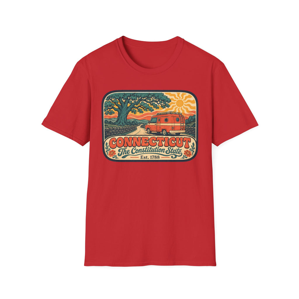 Red crew-neck T-shirt with Connecticut logo graphic on the chest.