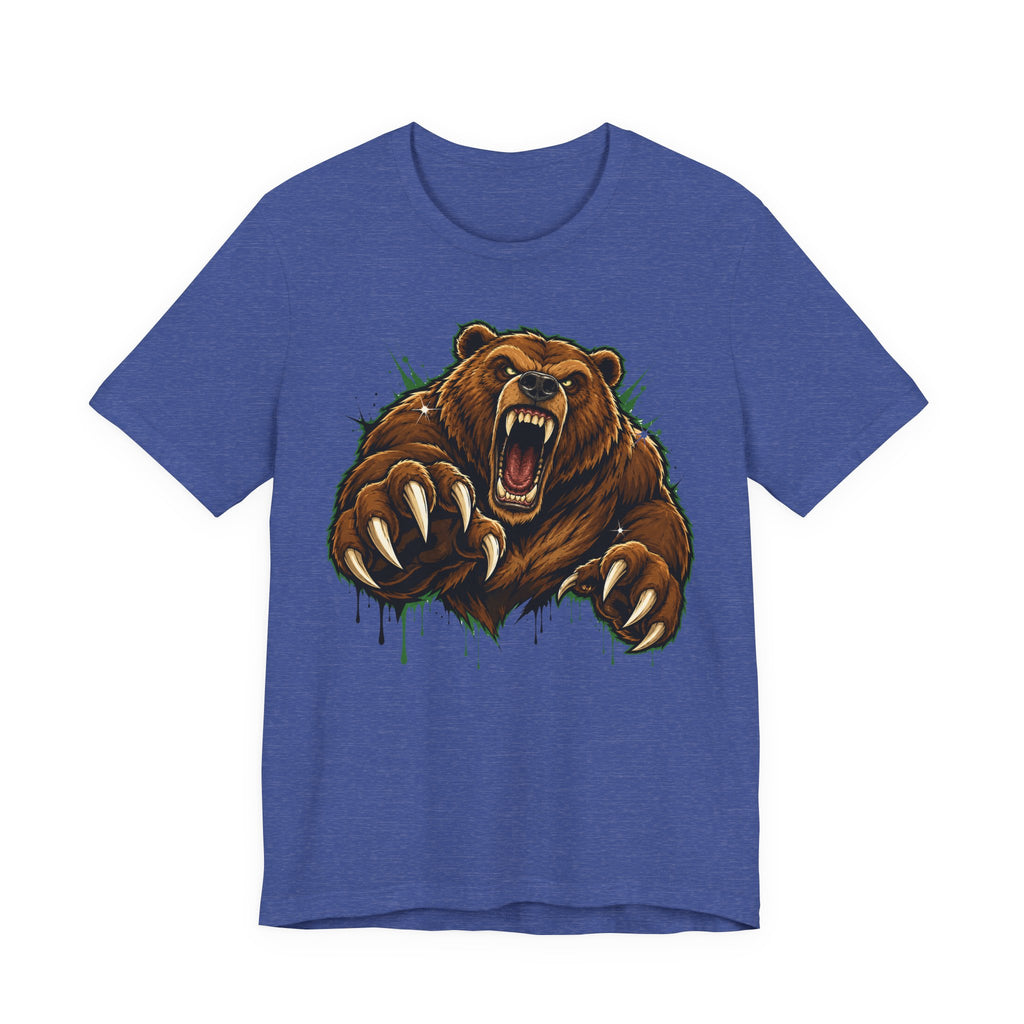 Blue unisex tee with roaring grizzly bear graphic and claw splash detail
