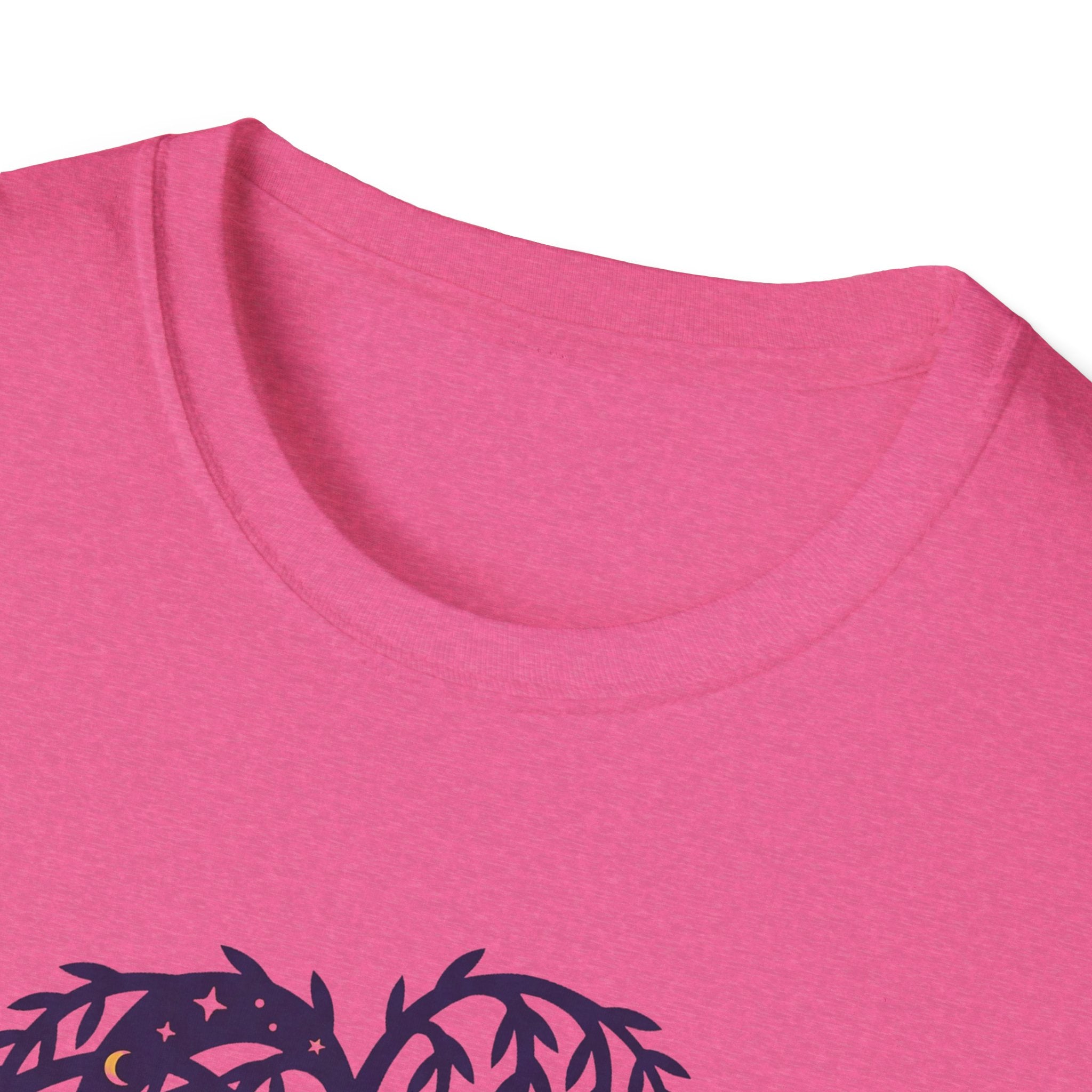 Hot pink T-shirt neckline with partial owl-and-willow graphic