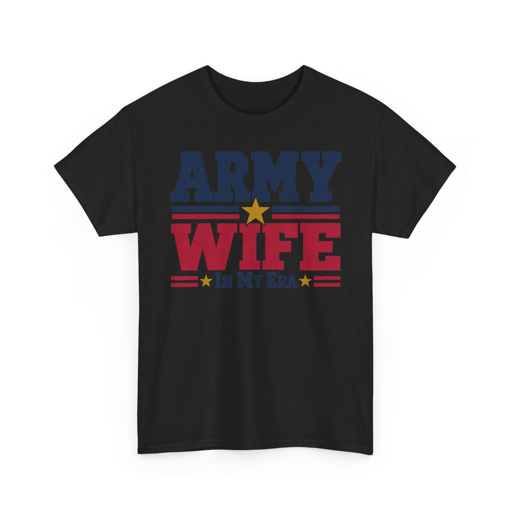 Black crewneck graphic t-shirt with retro "Army Wife" patriotic text and star