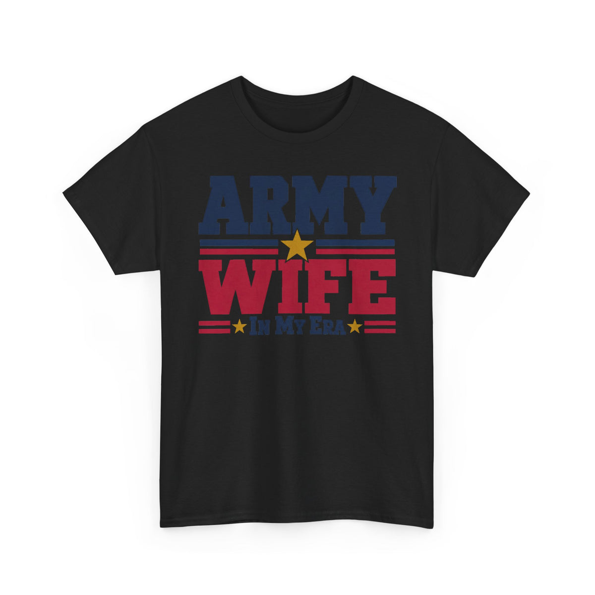 Black crewneck graphic t-shirt with retro "Army Wife" patriotic text and star