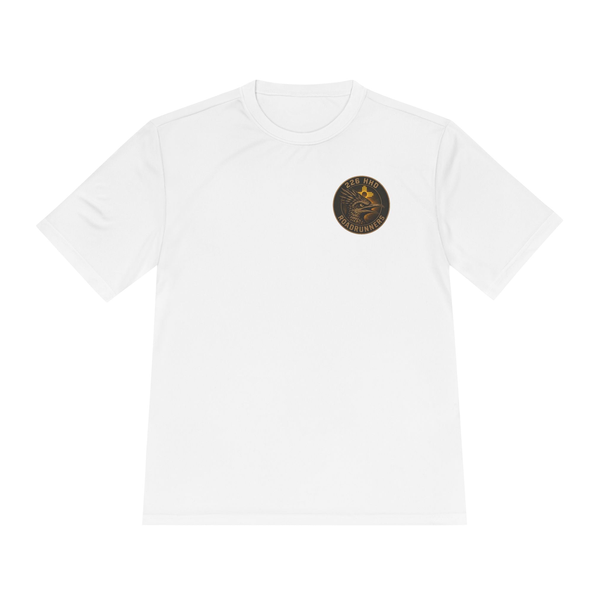 White polyester T-shirt with round chest emblem