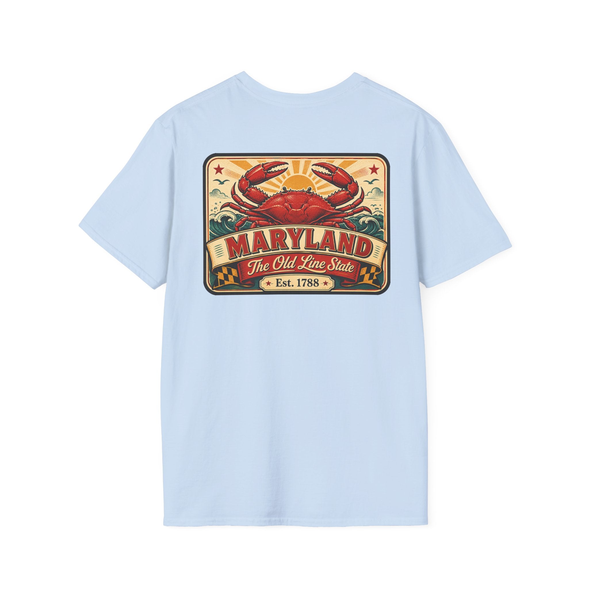Light blue T-shirt with rectangular crab and Maryland graphic on the chest