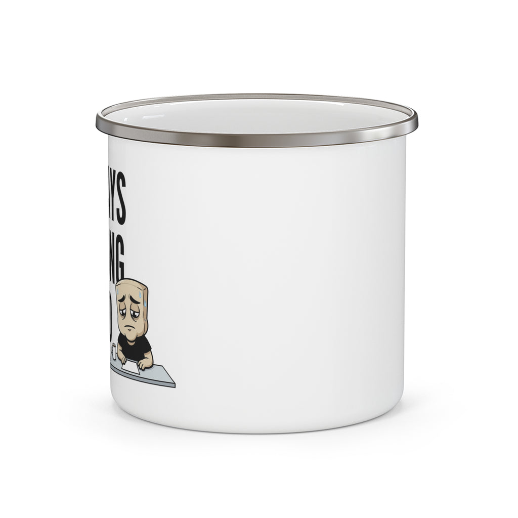 White ceramic mug with partial “ARE LONG” text and seated cartoon character at desk