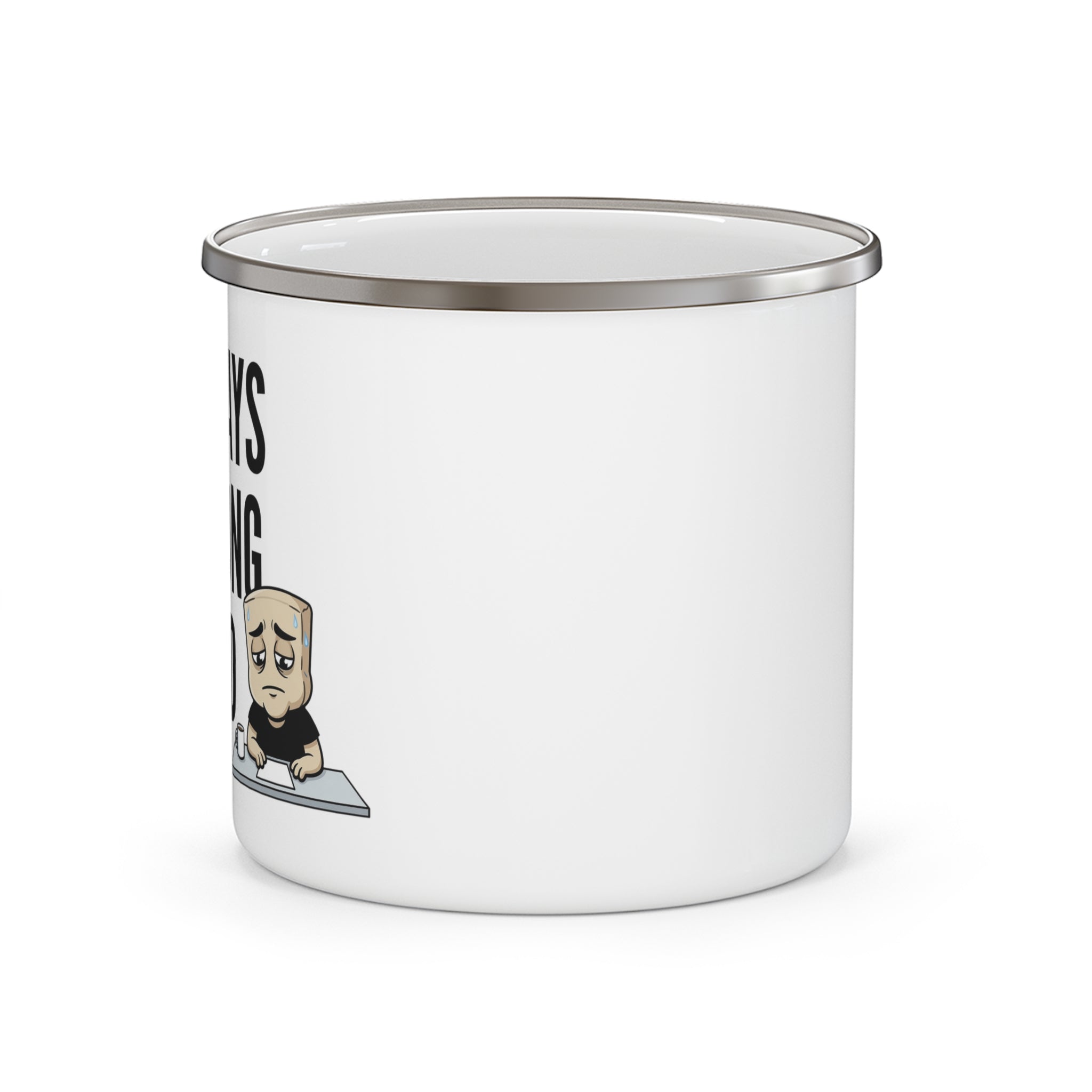 White ceramic mug with partial “ARE LONG” text and seated cartoon character at desk