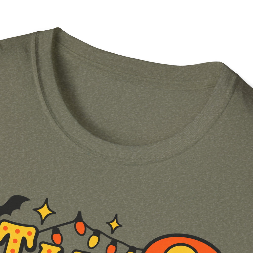 Olive green Halloween T-shirt neckline with partial ghost-and-lights graphic at chest