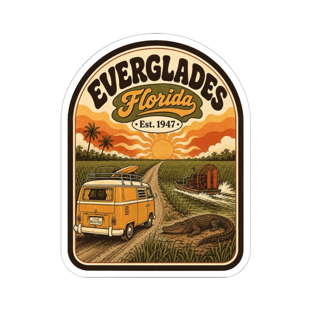 Everglades Florida vintage camper decal sticker with orange van, marsh plants, and sunset sun
