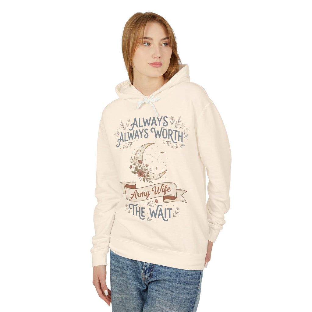 Ivory pullover hoodie with hood and moon floral “Always Worth the Wait” graphic