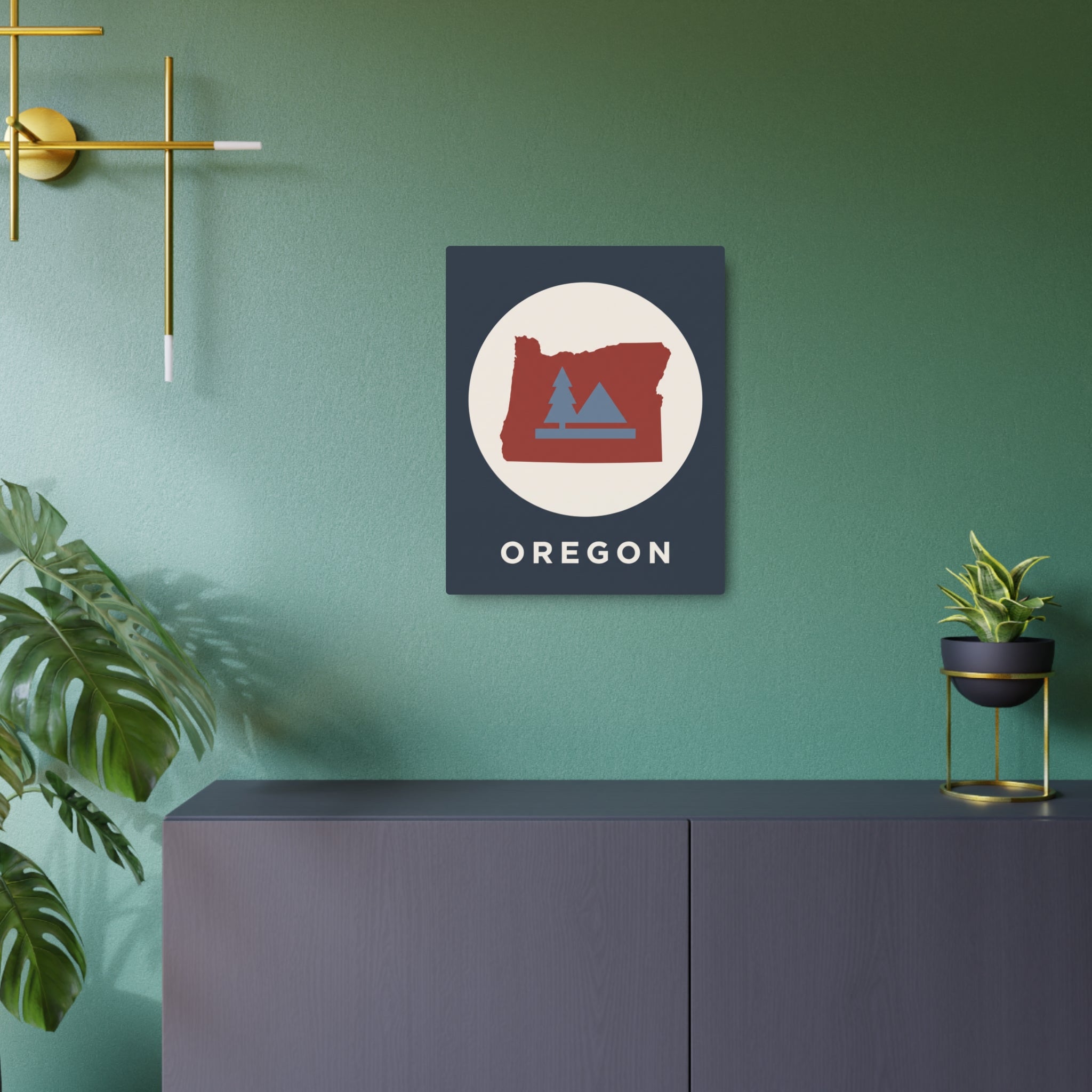 Blue-backed square metal wall art sign with red Oregon silhouette and OREGON wordmark