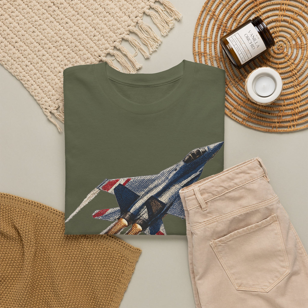 Military green crewneck T-shirt with fighter jet graphic on the chest