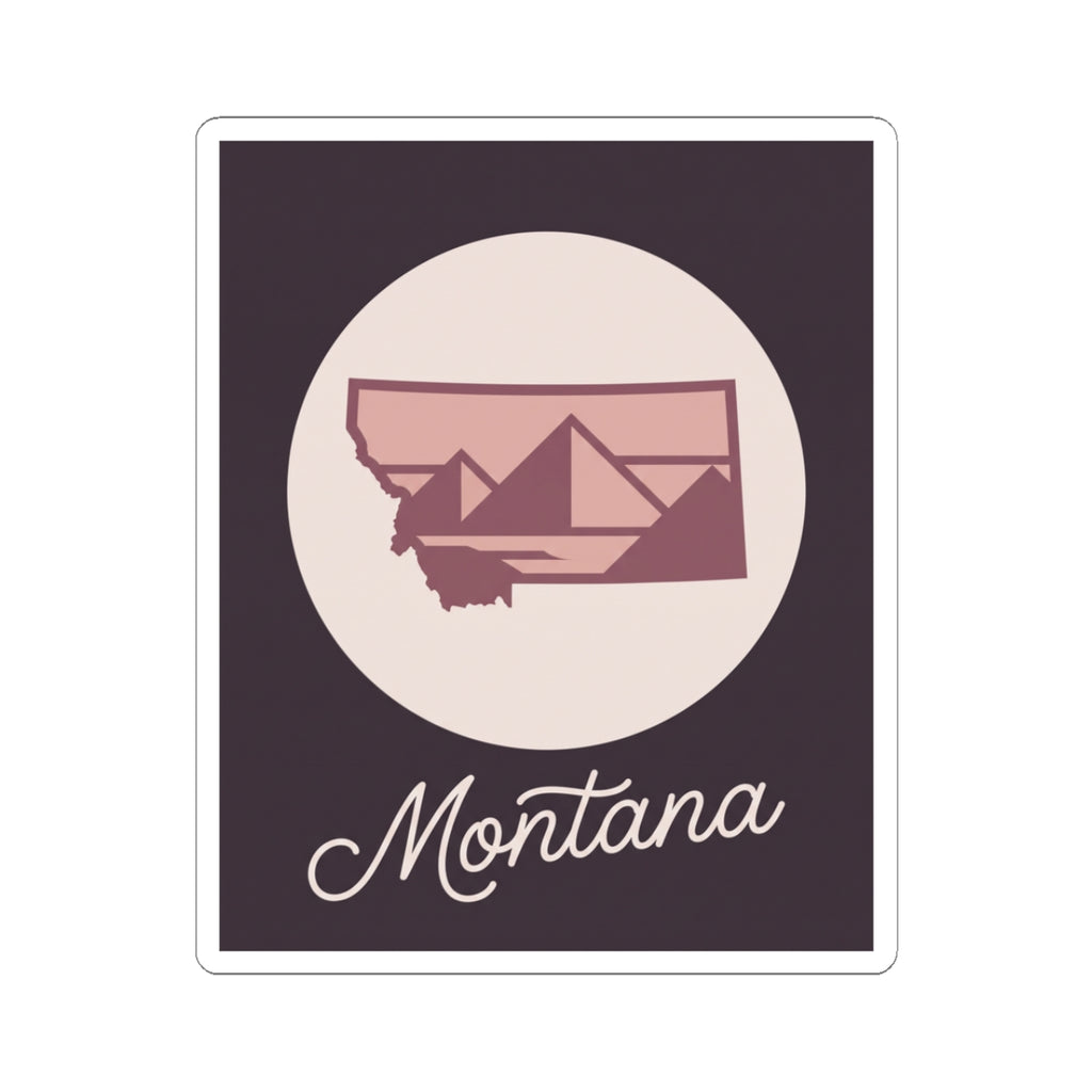 Montana state silhouette decal with mountain graphic and “Montana” script text