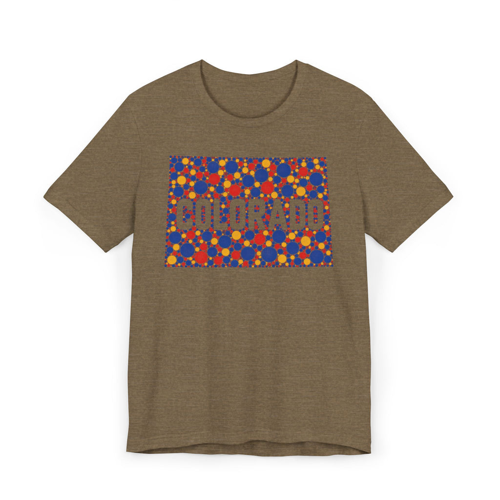 Brown T-shirt with patterned COLORADO graphic on front