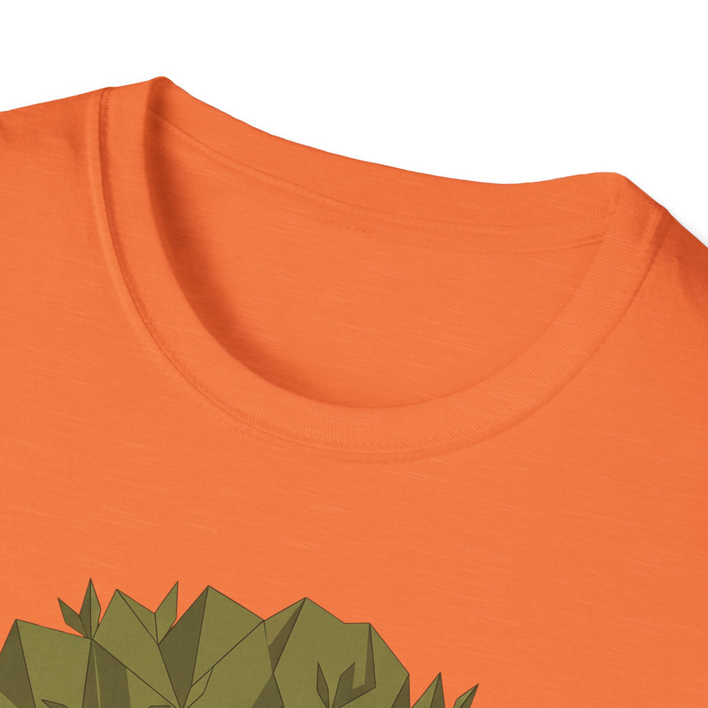 Twisted Olive Tree T-Shirt (orange) close-up of crew collar with partial tree top
