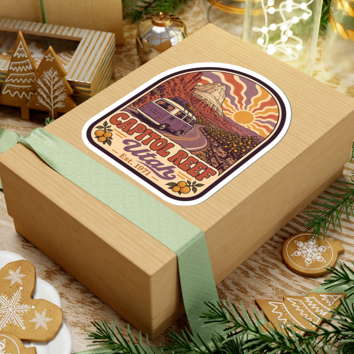 Kiss-cut sticker showing scenic canyon, wildflowers, and Capitol Reef Utah logo with est. 1971.