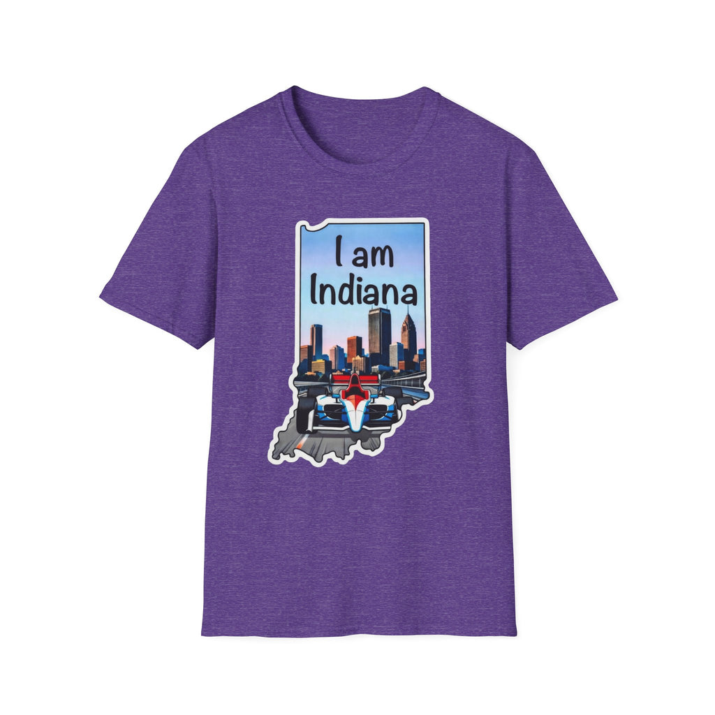 I am Indiana T-Shirt lila: Indiana-Umriss, Skyline & IndyCar-Aufdruck