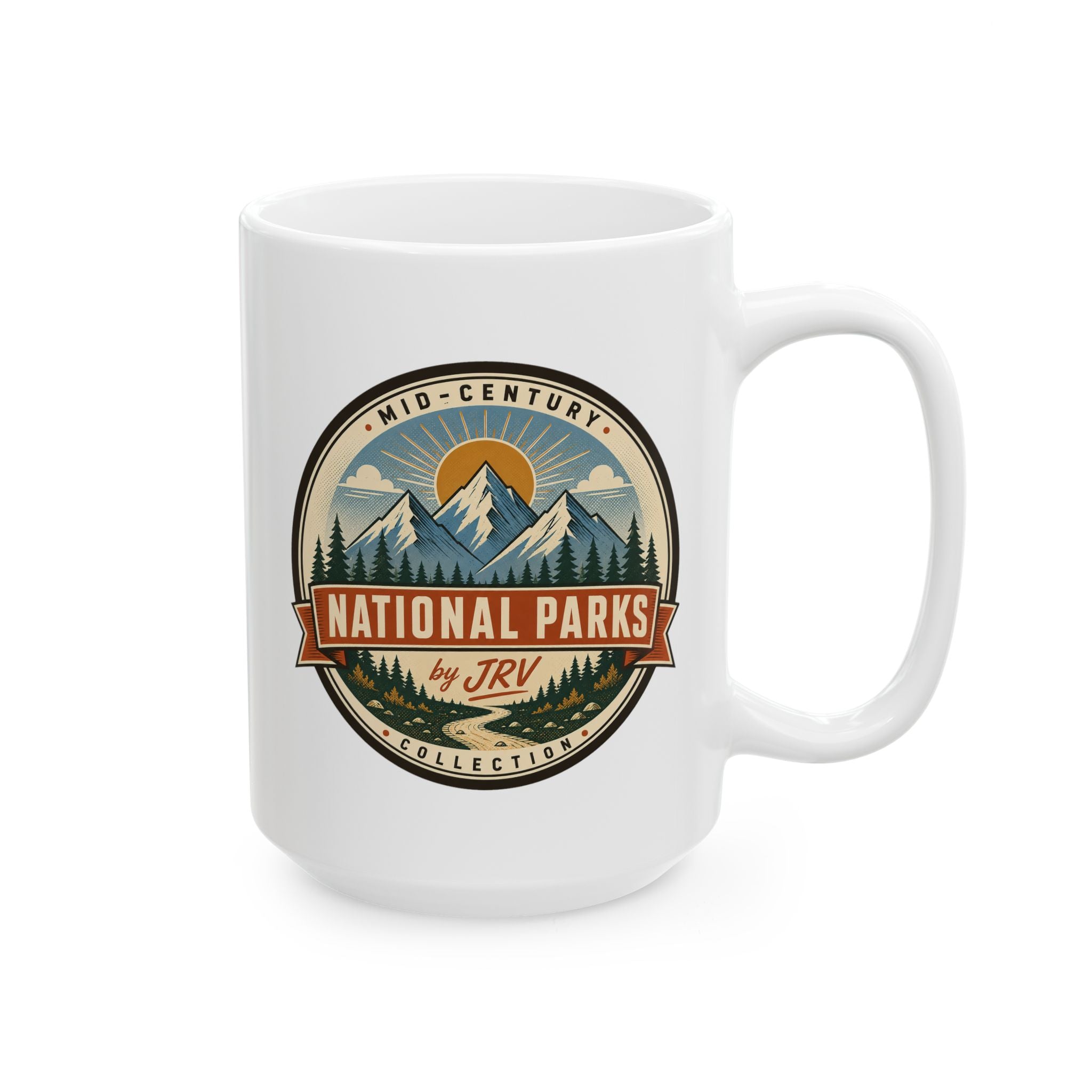 White ceramic mug with handle and Mid-Century National Parks by JRV emblem