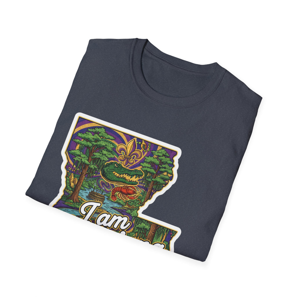 Dark gray T-shirt with Louisiana map Mardi Gras graphic and 'I Am' text