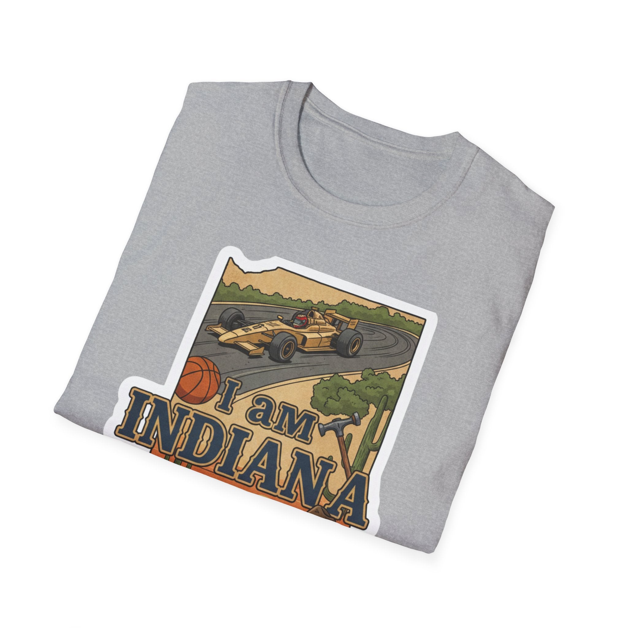 I Am Indiana T-shirt, heather grey front print: Indiana outline, basketball, race car