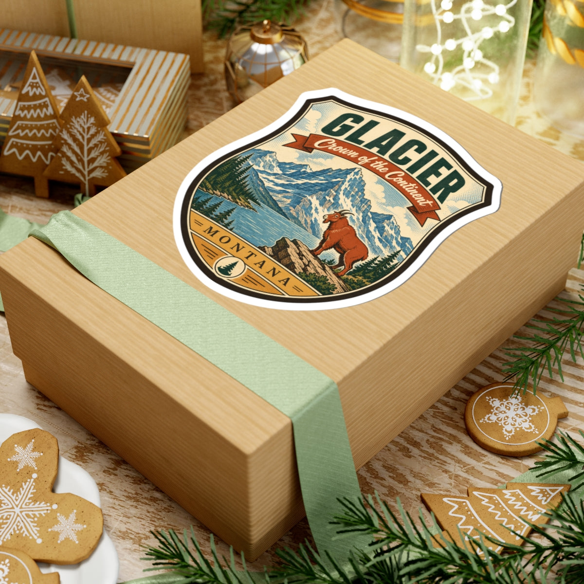 Shield travel sticker on a gift box: “GLACIER” mountains, pine trees, brown dog, “MONTANA”