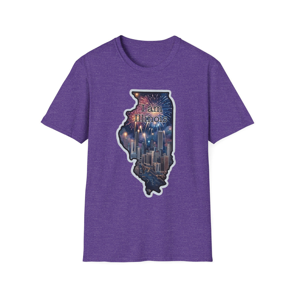 Illinois Skyline state map T-shirt in purple with colorful fireworks city graphic