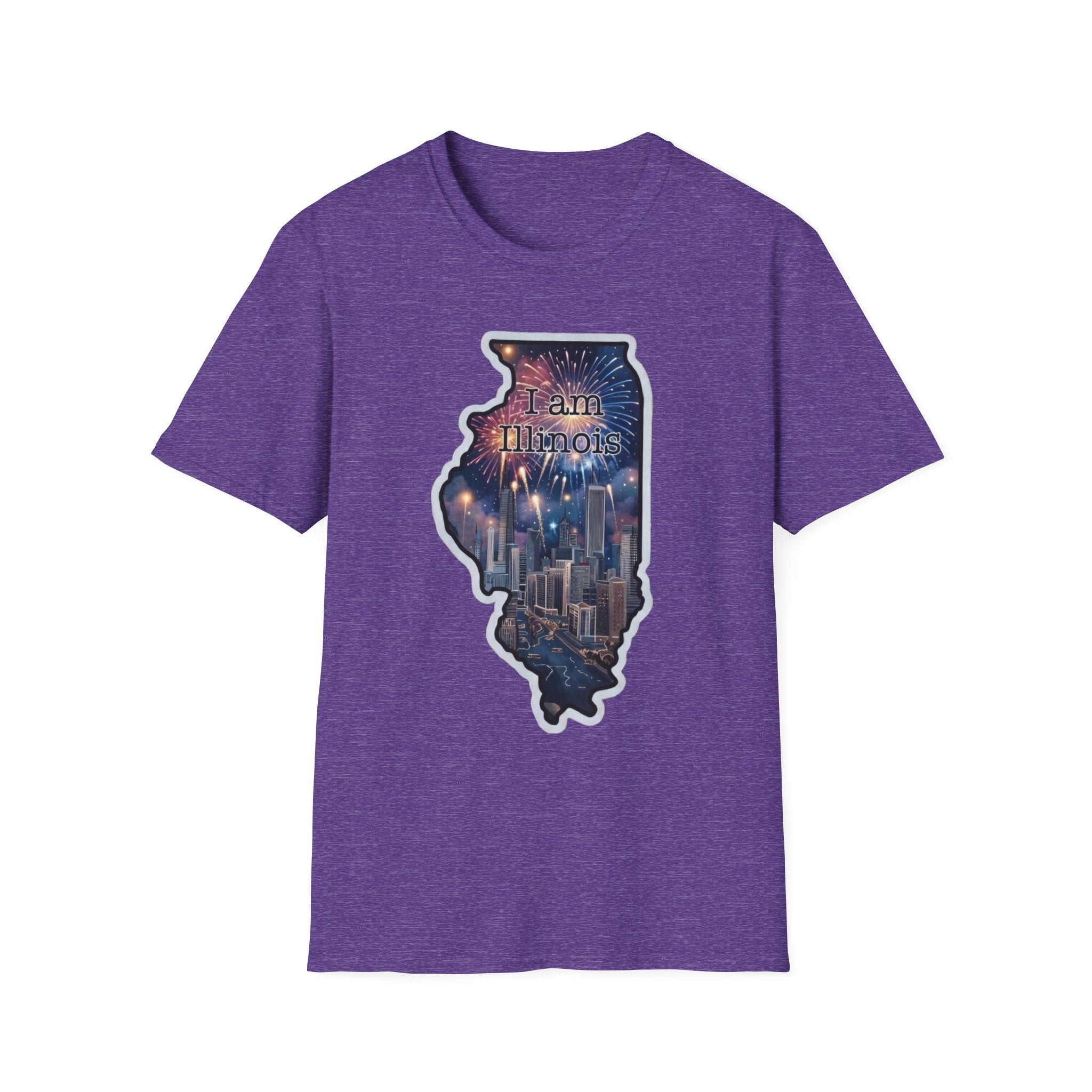 Illinois Skyline state map T-shirt in purple with colorful fireworks city graphic