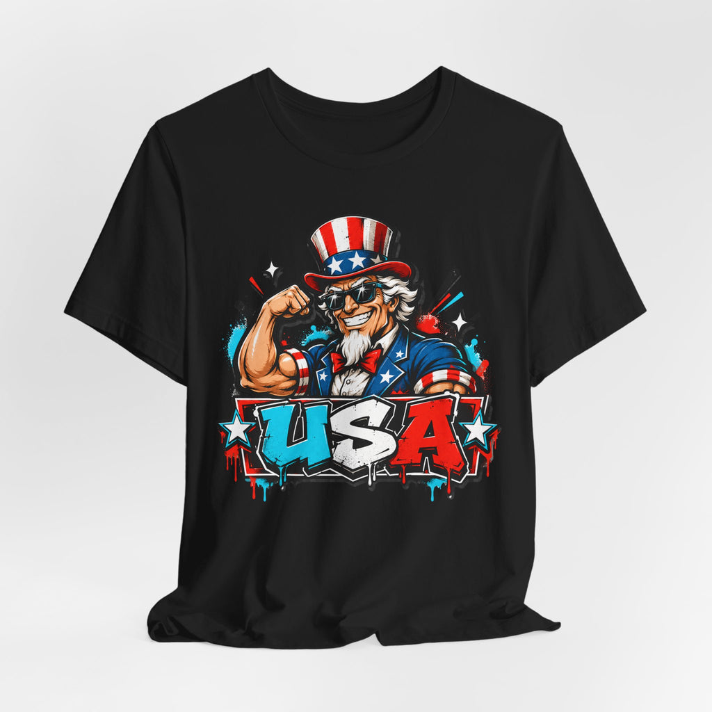 Men's black graphic T-shirt with Uncle Sam hat and bold USA text logo