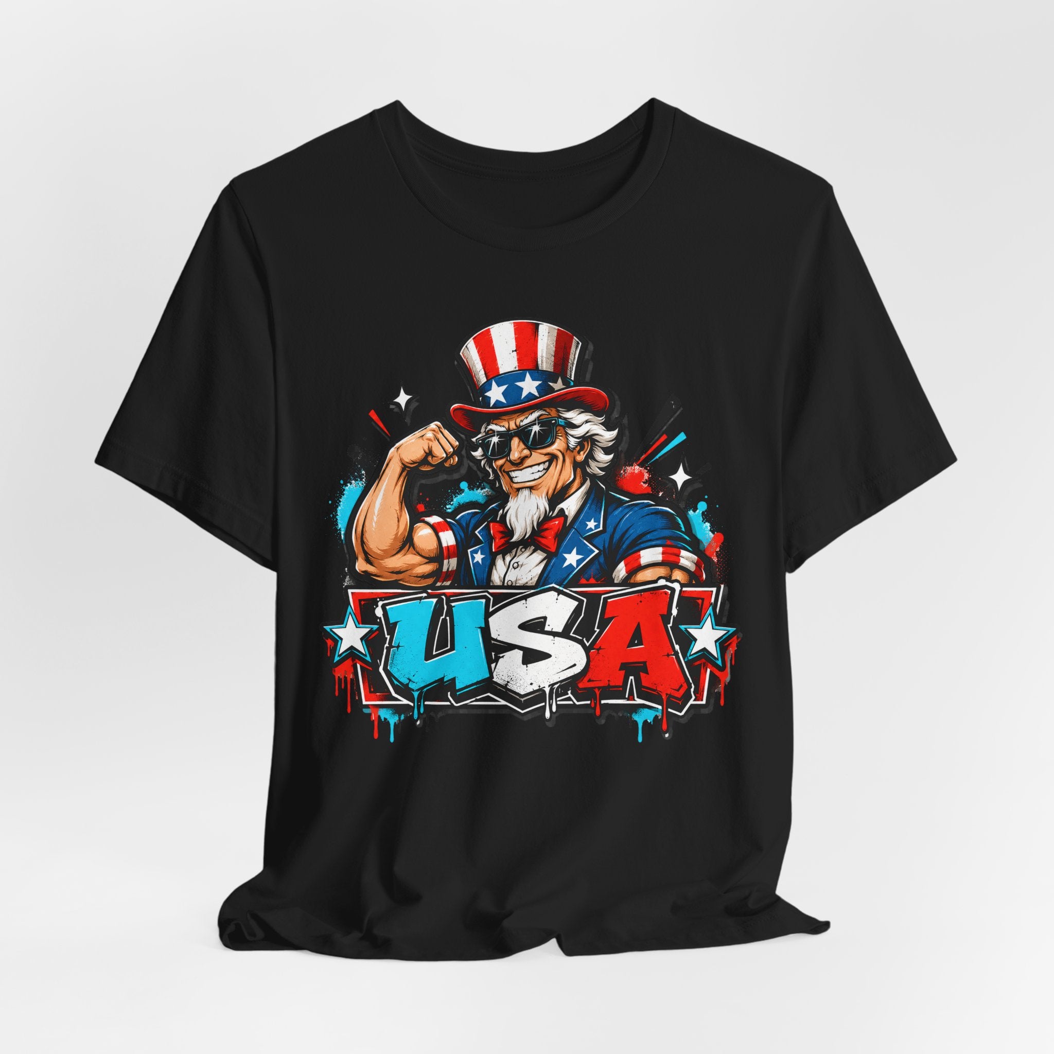 Men's black graphic T-shirt with Uncle Sam hat and bold USA text logo