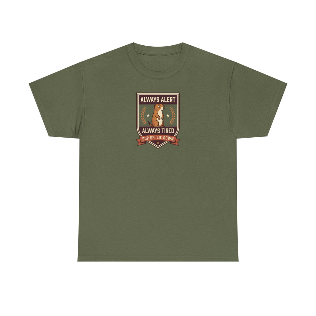 Olive green badge graphic T-shirt with “Always Alert” and “Always Tired” text