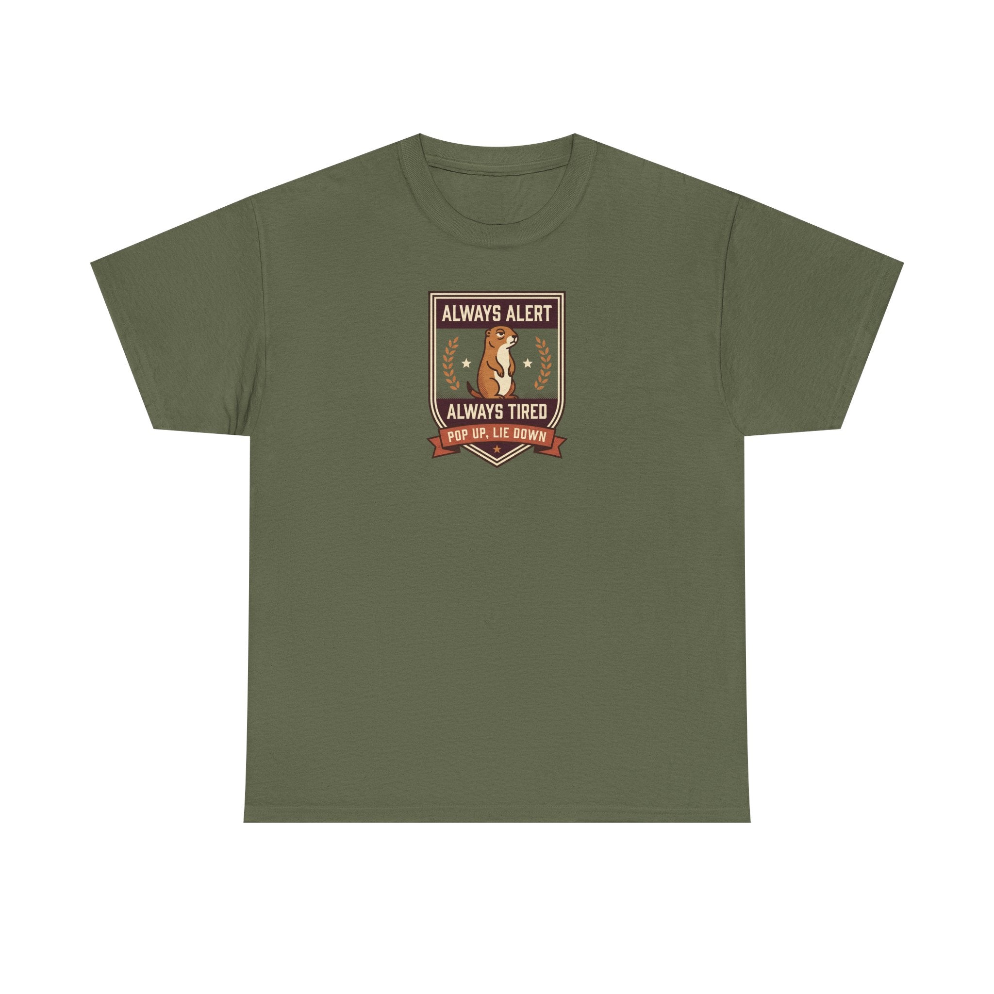 Olive green badge graphic T-shirt with “Always Alert” and “Always Tired” text