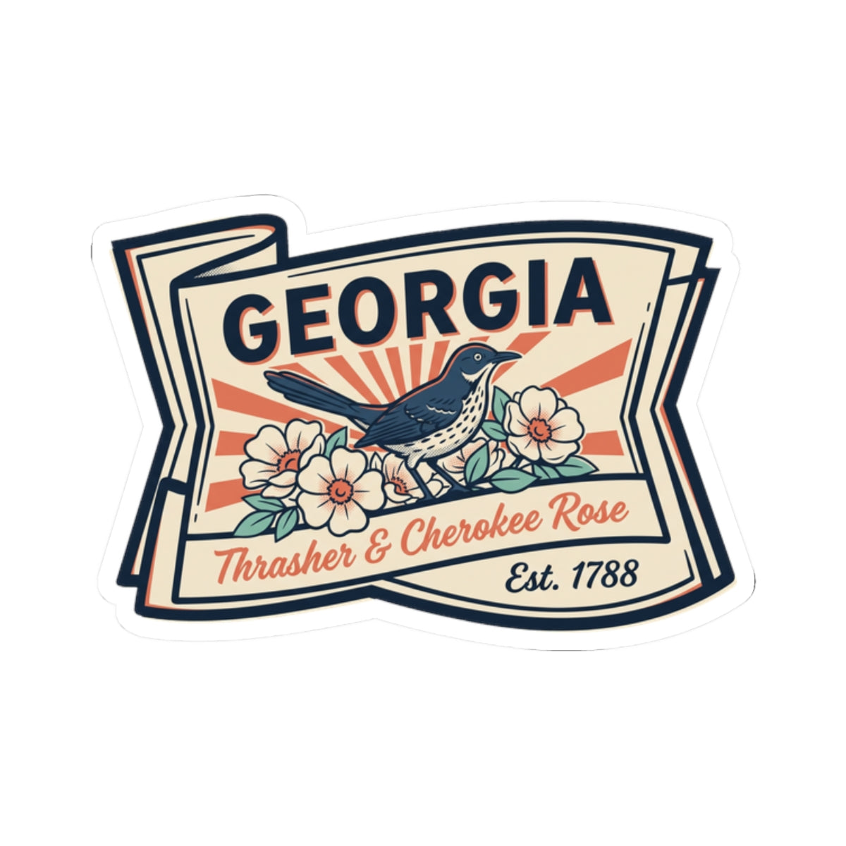 Georgia state badge sticker with bird and roses, “Thrash er & Cherokee Rose” and Est. 1788