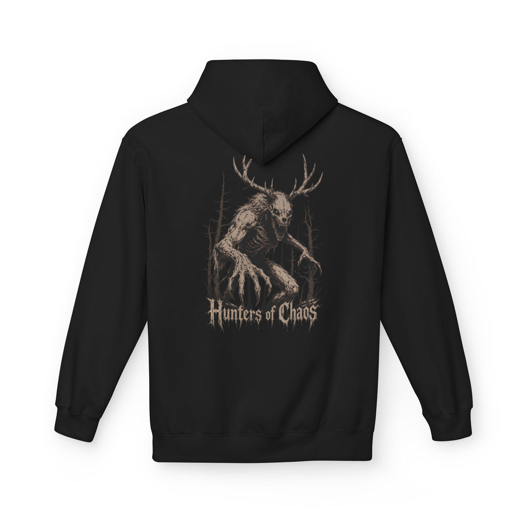 Black cotton hoodie with large back graphic of deer and "Hunters of Chaos"