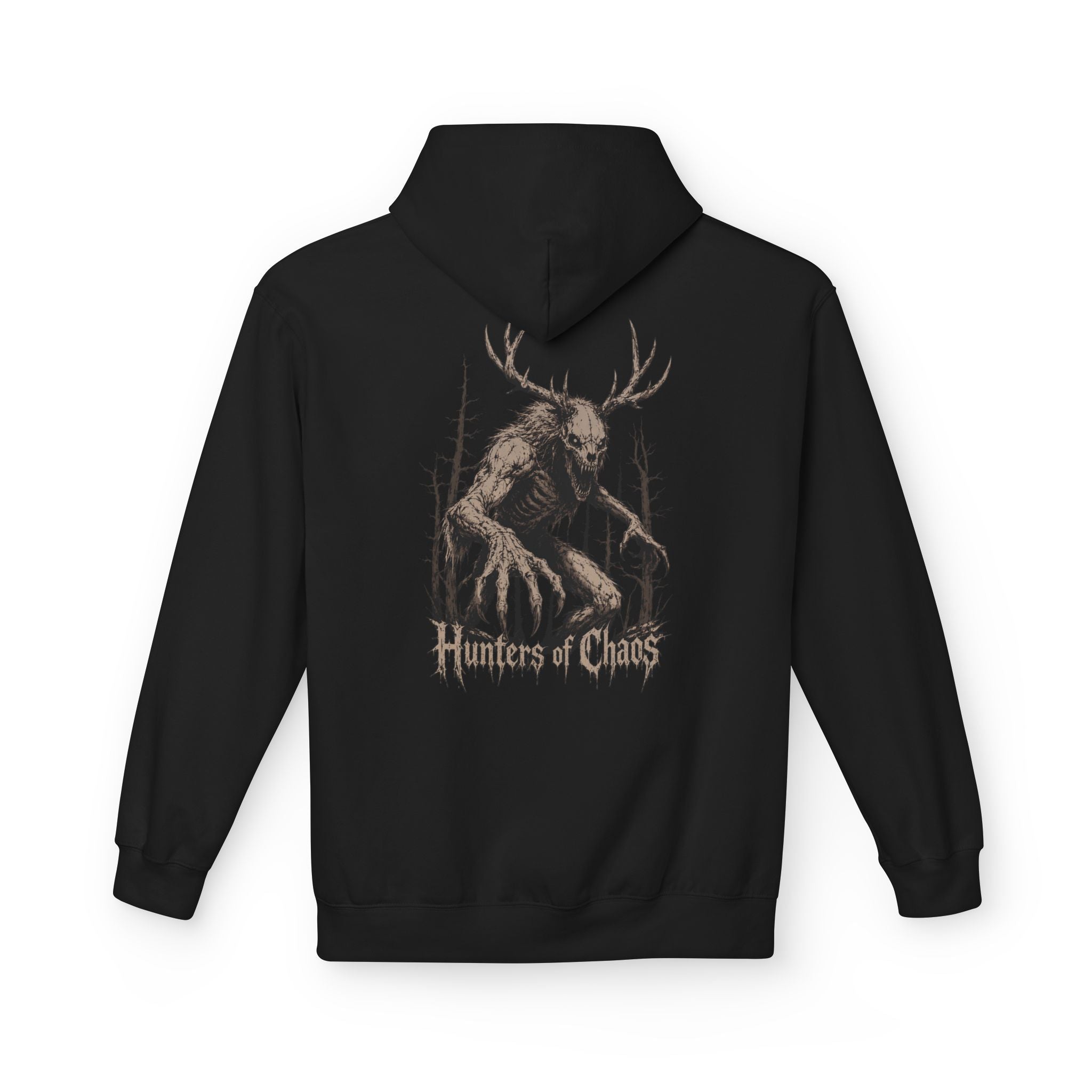 Black cotton hoodie with large back graphic of deer and "Hunters of Chaos"