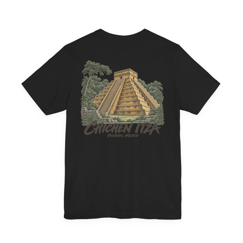 Black crew-neck T-shirt with Chichen Itza vintage graphic and palm trees