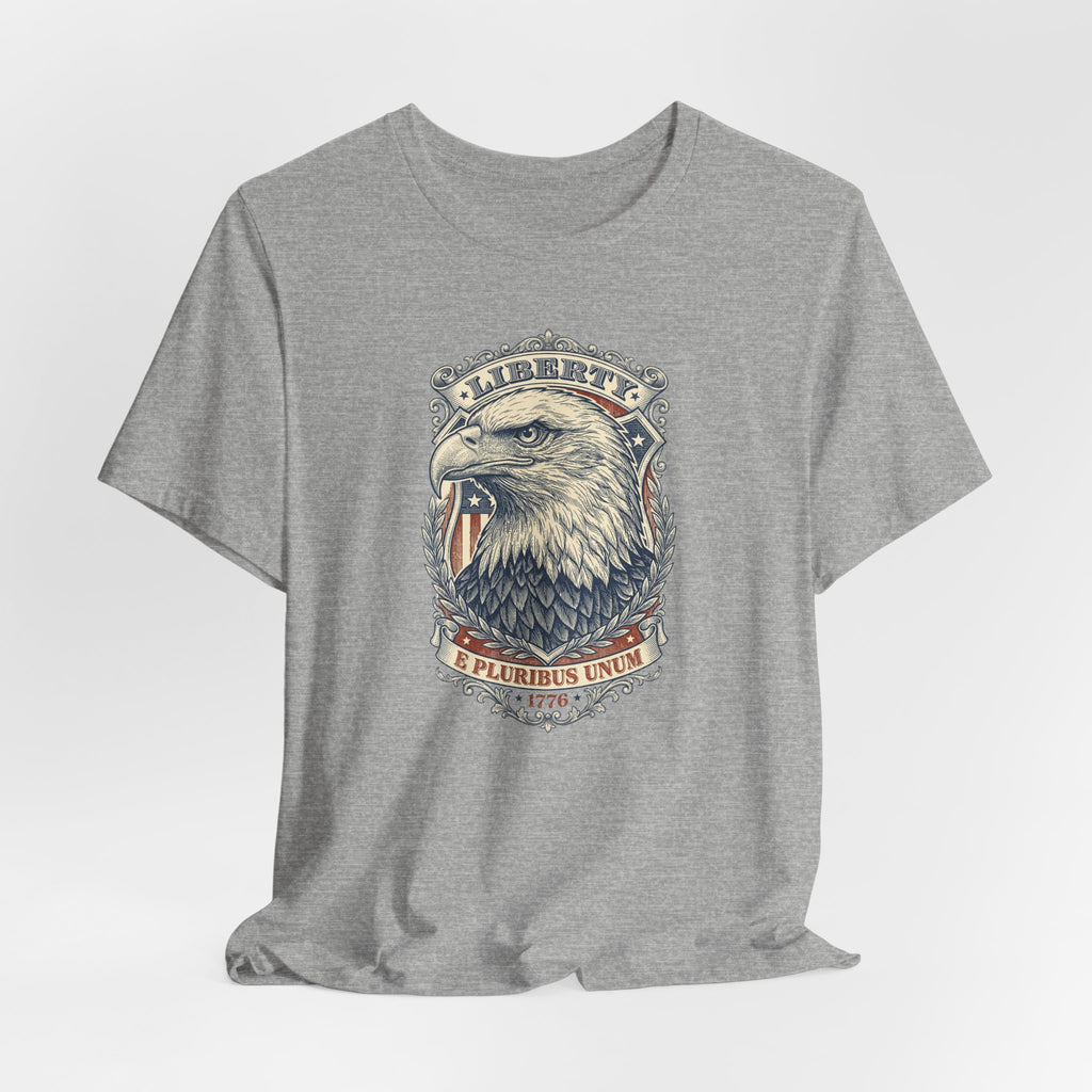 Dark gray heather crewneck tee with centered bald eagle head graphic