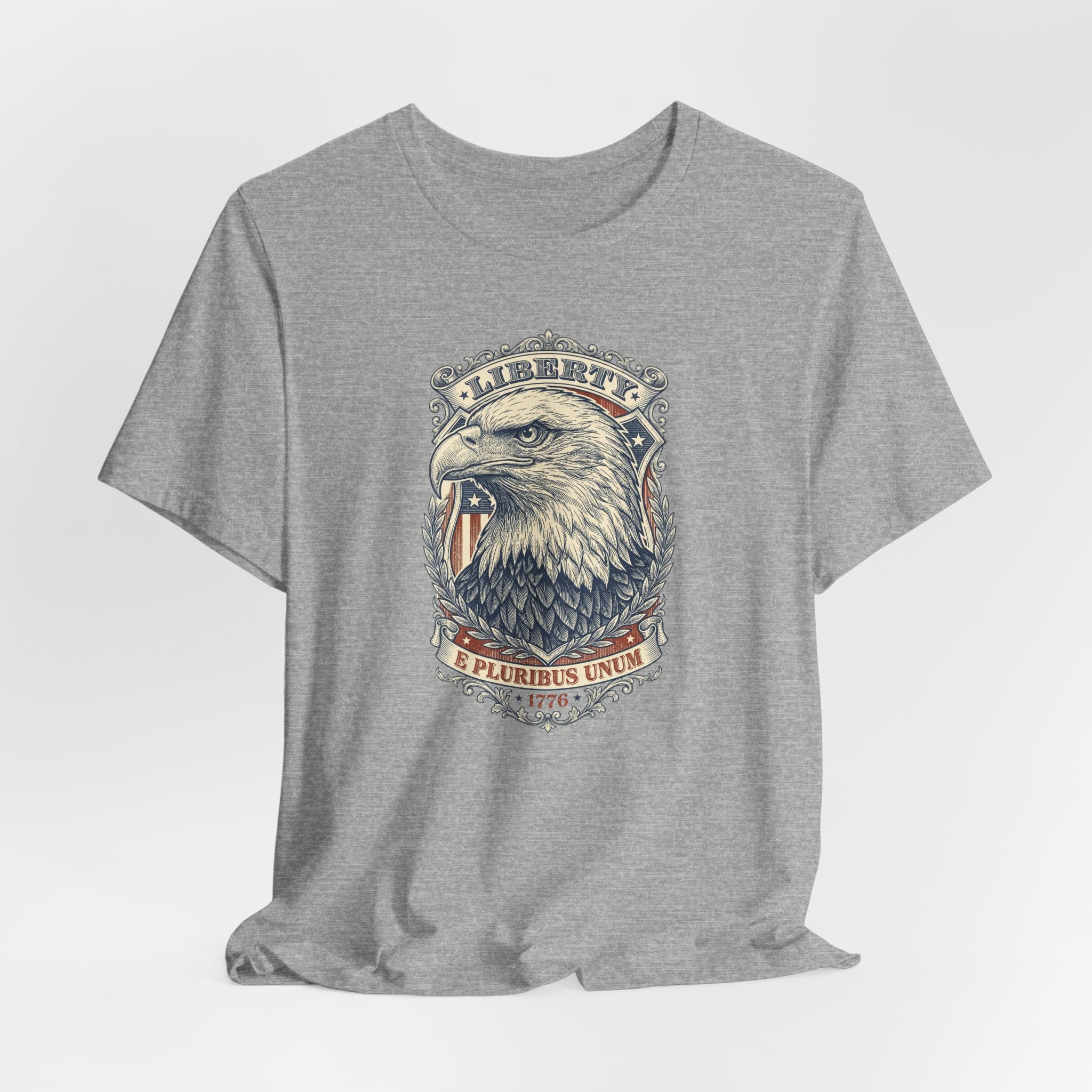 Dark gray heather crewneck tee with centered bald eagle head graphic