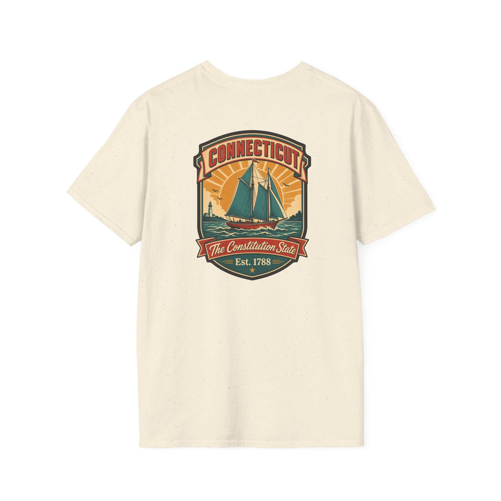 Cream T-shirt with Connecticut badge sailboat graphic on the chest