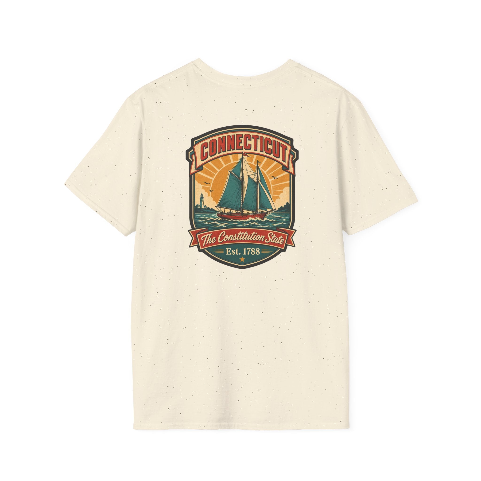 Cream T-shirt with Connecticut badge sailboat graphic on the chest