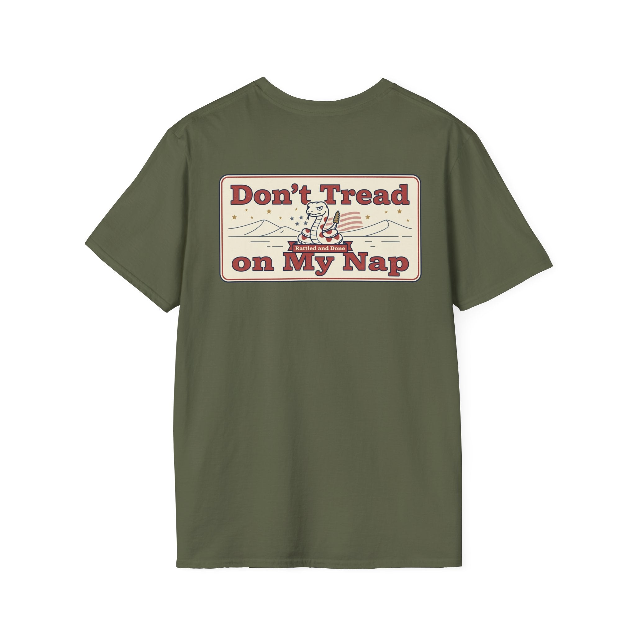 Olive green T-shirt with "Don't Tread on My Nap" rectangular chest graphic