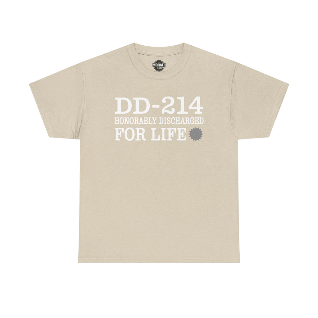 Beige T-shirt with "DD-214 HONORABLY DISCHARGED FOR LIFE" chest print