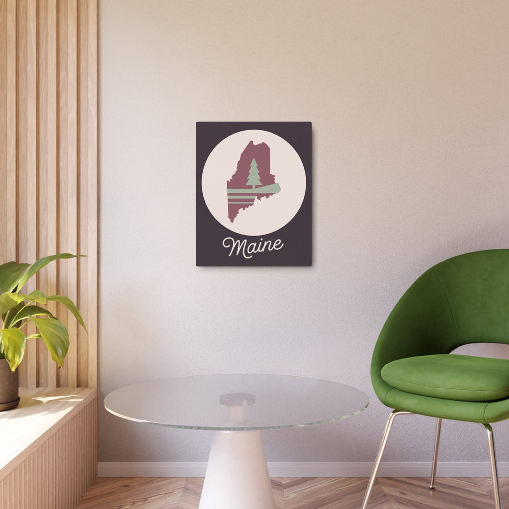Maine pine tree metal wall art sign with dark square frame and rose-sage emblem