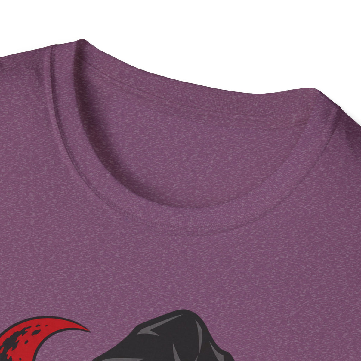 Heather purple T-shirt close-up of neckline and upper chest fabric