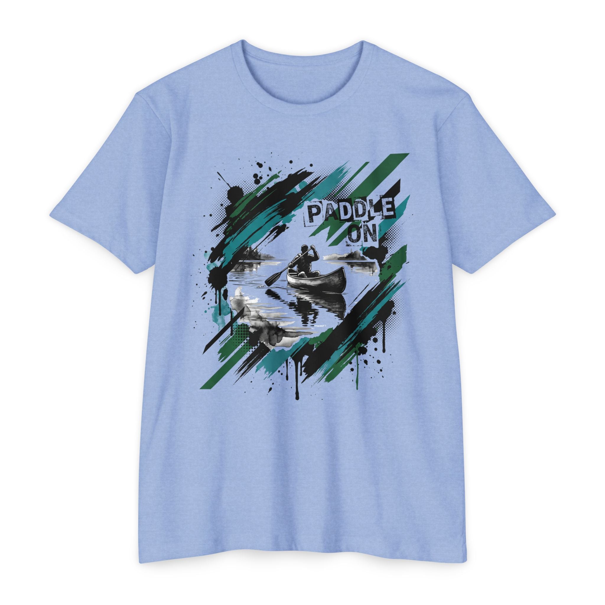 Powder blue T-shirt with front kayaking graphic reading “PADDLE ON”