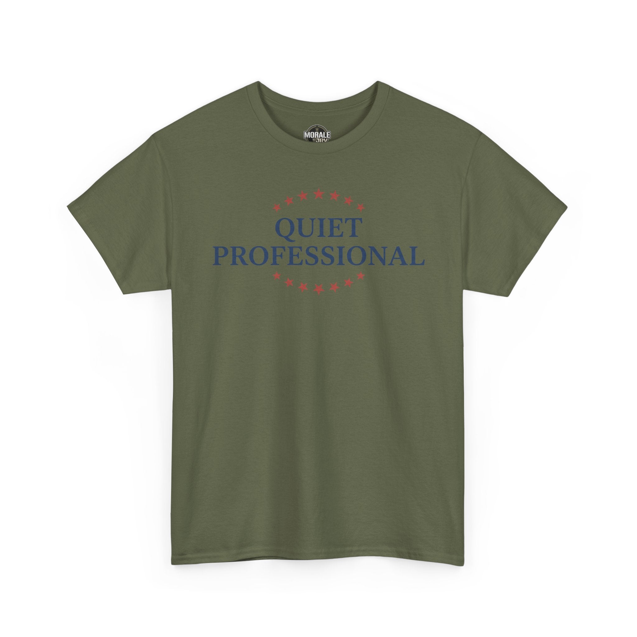 Military green crewneck T-shirt with star ring 'QUIET PROFESSIONAL' print