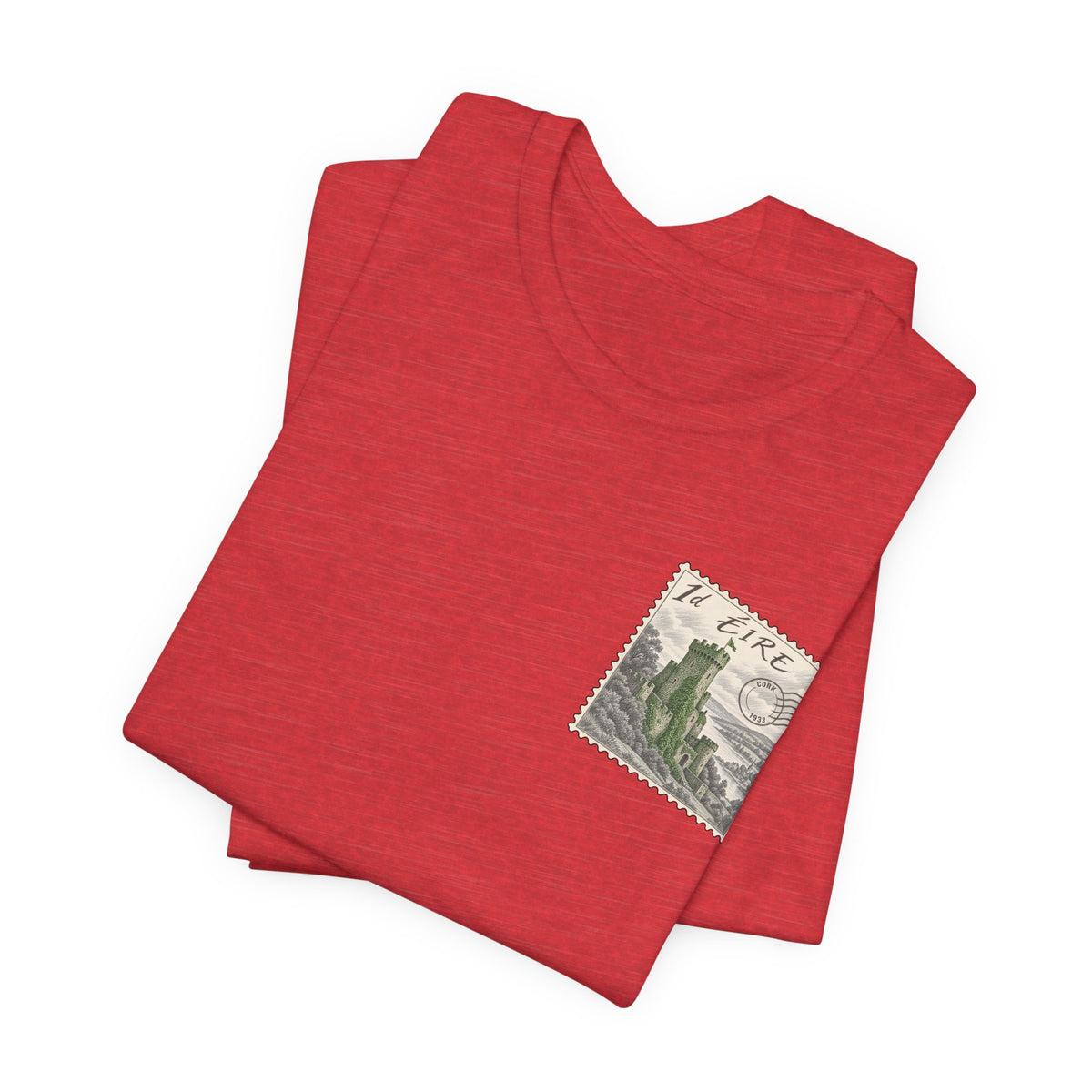 Red short-sleeve t-shirt with small vintage postage stamp graphic